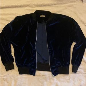 Blue Faux Velvet Bomber Jacket